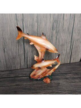 Coastal Sculpture of Two Sharks On Coral Reef Base, Wood-Look Resin, 7" Figurine